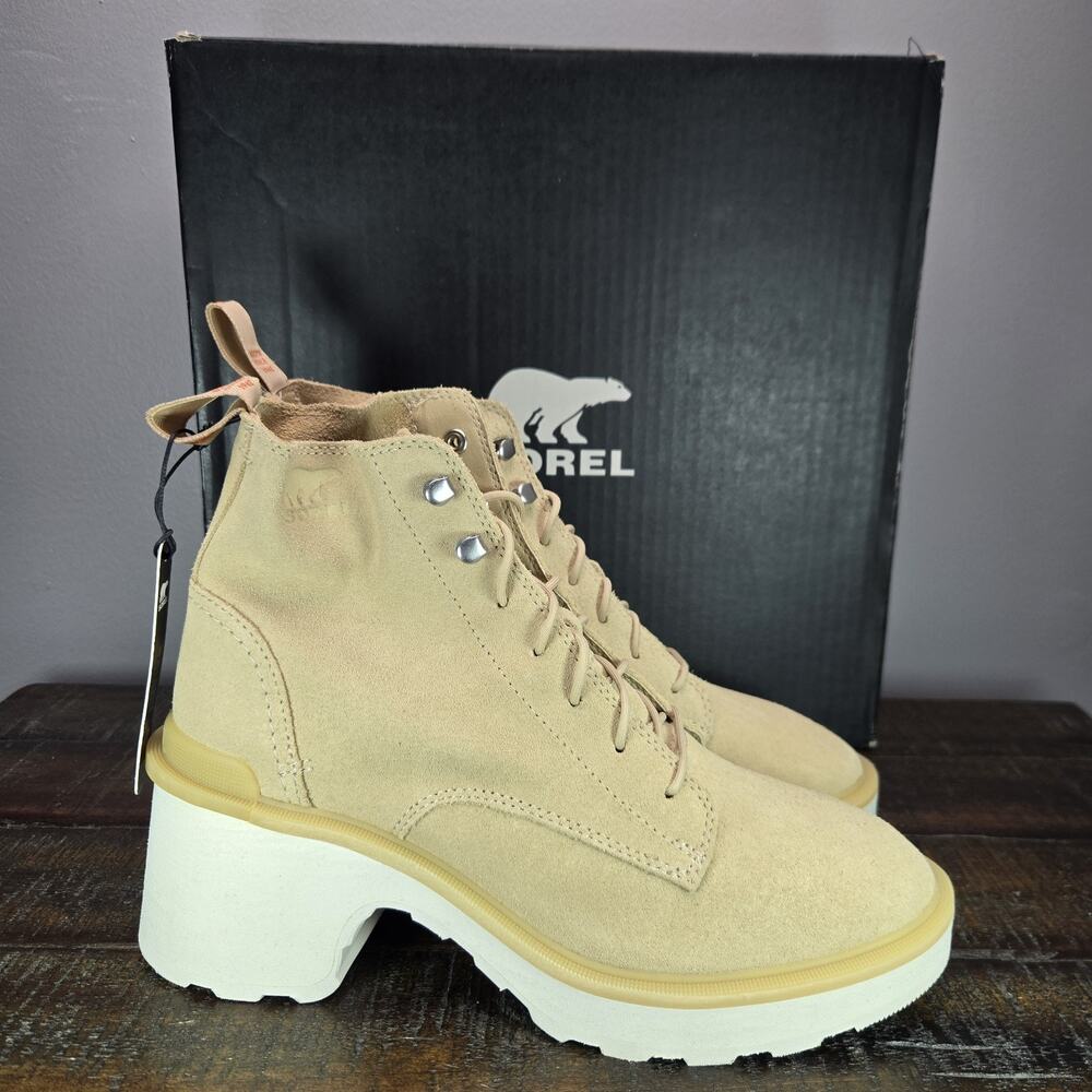 Sorel Hi Line Heeled Womens Size 8 Waterproof Boots Lace Up Suede Cream White